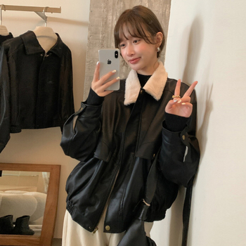 Damska PU kožna jakna s reverom, slobodan kroj, zatvarač sprijeda, zima 2025