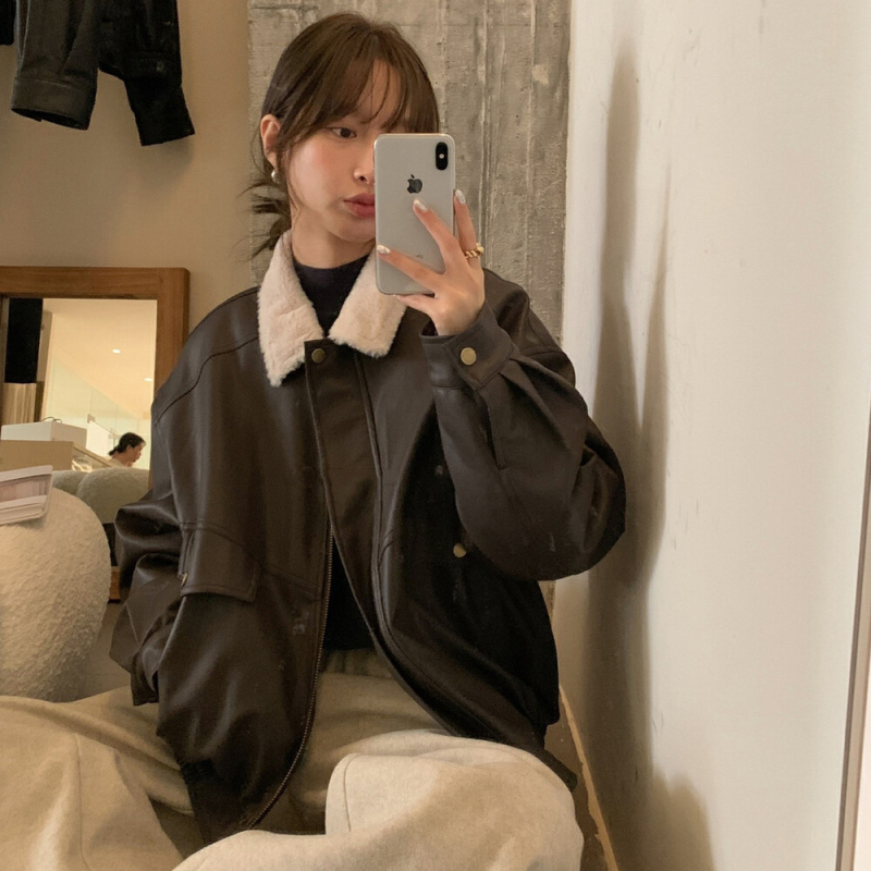 Damska PU kožna jakna s reverom, slobodan kroj, zatvarač sprijeda, zima 2025