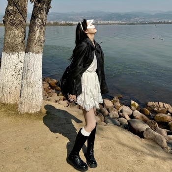 Ženska PU kožna jakna, srednja duljina, polo ovratnik, zatvarač, slobodan kroj, dugi rukavi