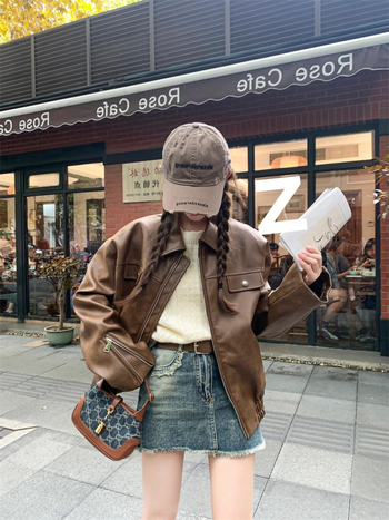 Ženska PU kožna jakna, srednja duljina, polo ovratnik, zatvarač, slobodan kroj, dugi rukavi