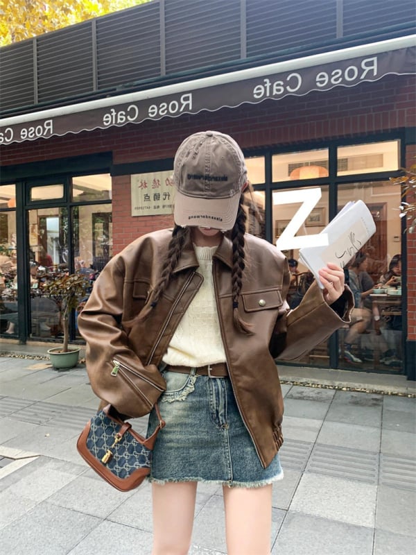 Ženska PU kožna jakna, srednja duljina, polo ovratnik, zatvarač, slobodan kroj, dugi rukavi