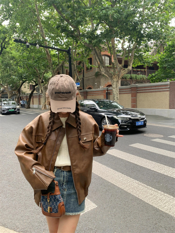 Ženska PU kožna jakna, srednja duljina, polo ovratnik, zatvarač, slobodan kroj, dugi rukavi