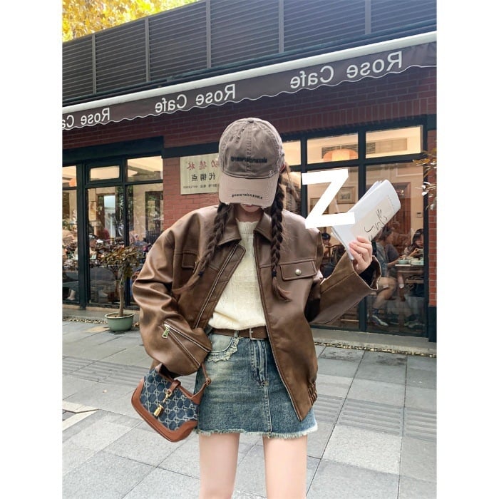 Ženska PU kožna jakna, srednja duljina, polo ovratnik, zatvarač, slobodan kroj, dugi rukavi