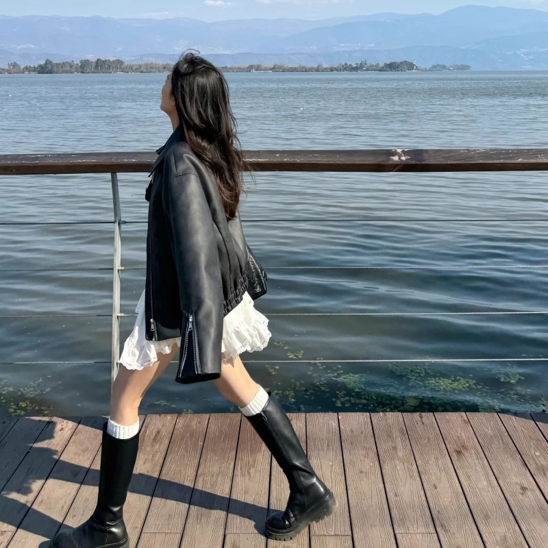 Ženska PU kožna jakna, srednja duljina, polo ovratnik, zatvarač, slobodan kroj, dugi rukavi