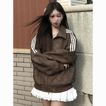 PU kožna jakna u američkom retro stilu s prugastim dizajnom, zatvarač, široki kroj, jesen 2024, za žene