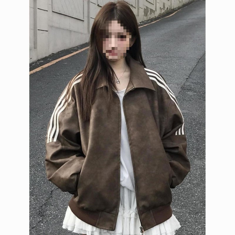 PU kožna jakna u američkom retro stilu s prugastim dizajnom, zatvarač, široki kroj, jesen 2024, za žene