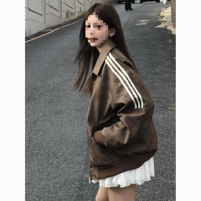 PU kožna jakna u američkom retro stilu s prugastim dizajnom, zatvarač, široki kroj, jesen 2024, za žene