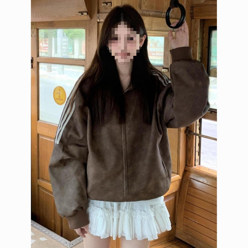 PU kožna jakna u američkom retro stilu s prugastim dizajnom, zatvarač, široki kroj, jesen 2024, za žene