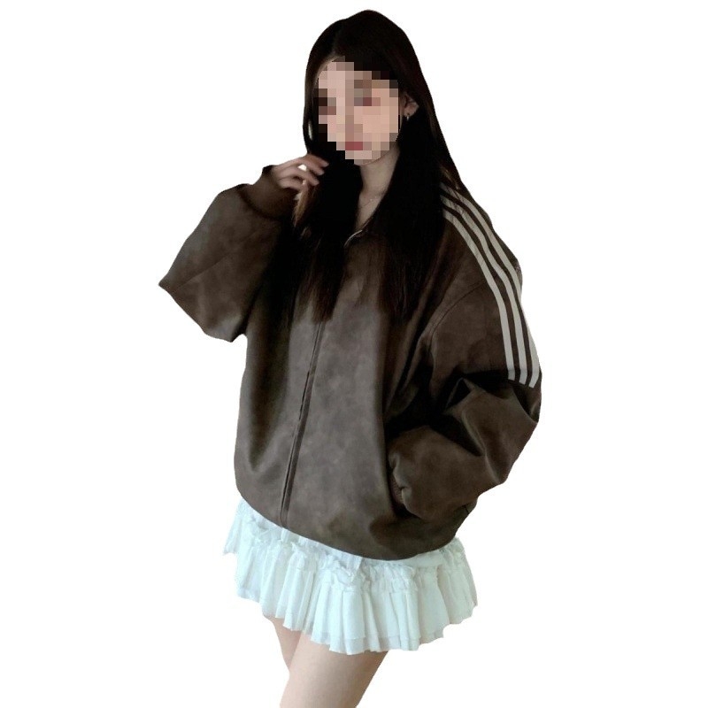 PU kožna jakna u američkom retro stilu s prugastim dizajnom, zatvarač, široki kroj, jesen 2024, za žene