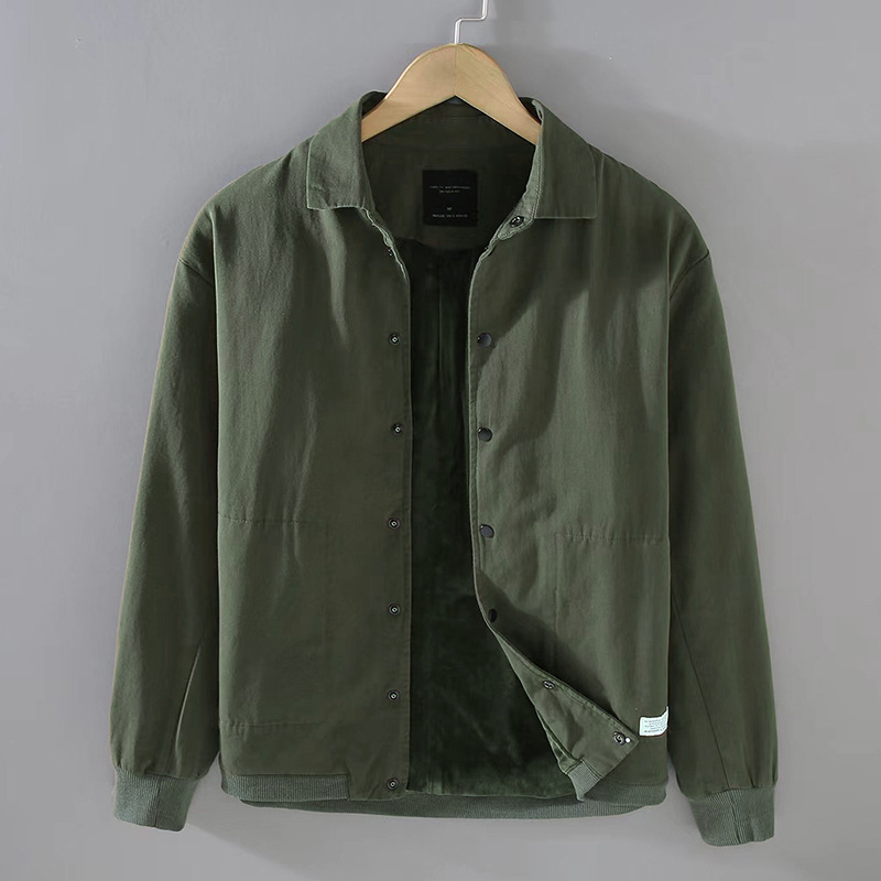 Muška duga jakna u retro japanskom stilu od 100% pamuka, fleece podstava, debeli materijal, slobodan kroj, stojeći ovratnik, zimska verzija