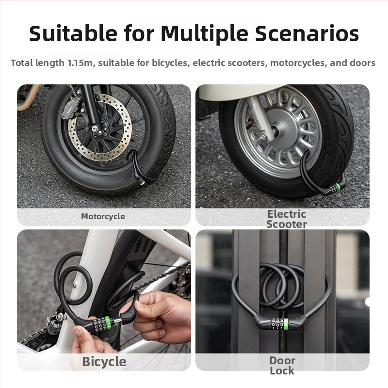 ROCKBROS Prijenosna prstenasta zaključavka za bicikl s čeličnim kabelom — kompaktna, pogodna za planinske, cestovne i električne bicikle; materijali: ABS, cinkov spoj, PVC i čelični kabel; prilagodba dostupna