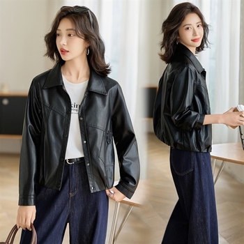 Ženska jakna od lažne kože s kapuljačom, dugi rukav, ravni kroj, zatvarač