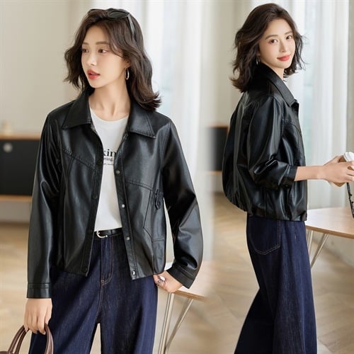 Ženska jakna od lažne kože s kapuljačom, dugi rukav, ravni kroj, zatvarač