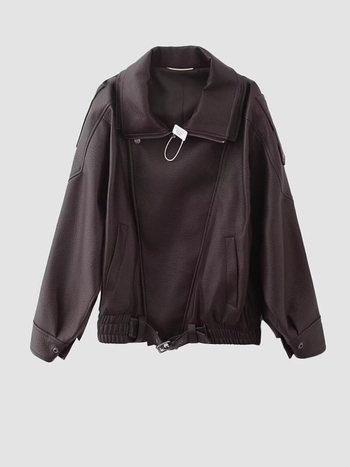 Ženska PU kožna moto jakna, oversize izgled, prednji zip, dugi rukavi