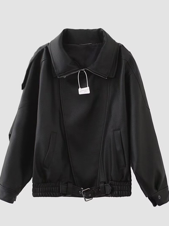 Ženska PU kožna moto jakna, oversize izgled, prednji zip, dugi rukavi