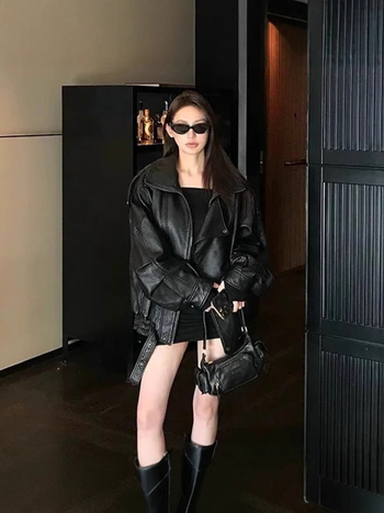 Ženska PU kožna moto jakna, oversize izgled, prednji zip, dugi rukavi