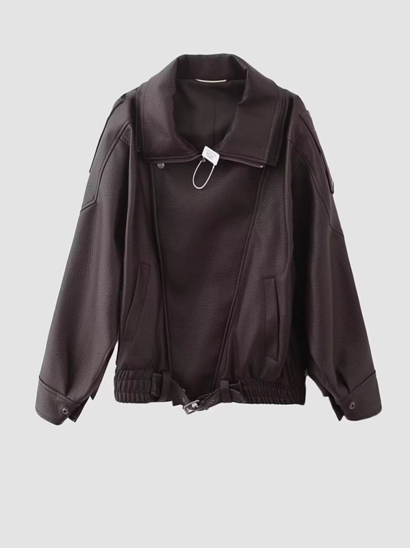 Ženska PU kožna moto jakna, oversize izgled, prednji zip, dugi rukavi