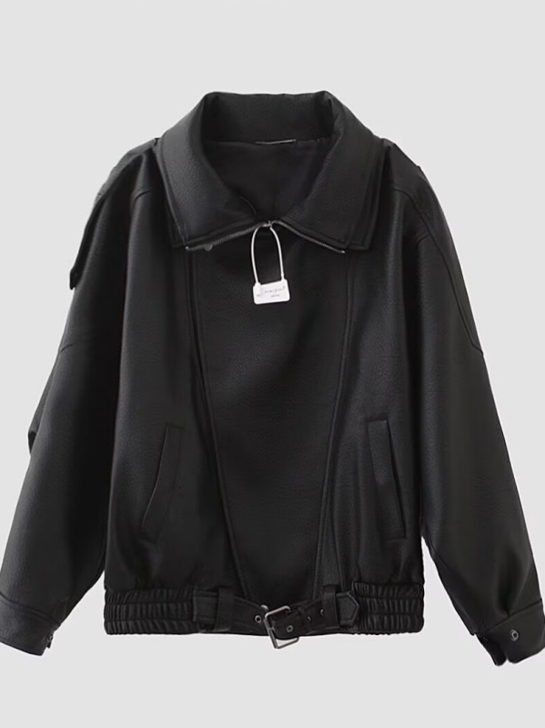 Ženska PU kožna moto jakna, oversize izgled, prednji zip, dugi rukavi
