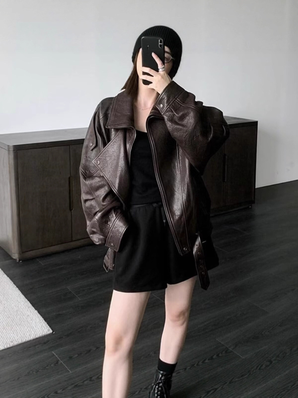 Ženska PU kožna moto jakna, oversize izgled, prednji zip, dugi rukavi