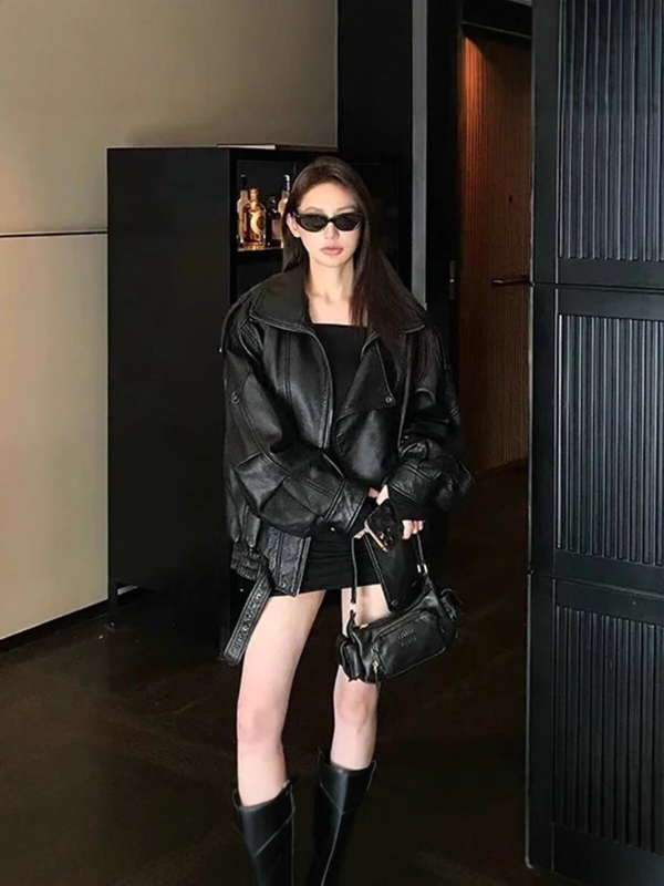 Ženska PU kožna moto jakna, oversize izgled, prednji zip, dugi rukavi