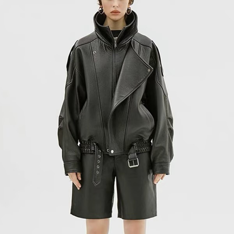 Ženska PU kožna moto jakna, oversize izgled, prednji zip, dugi rukavi