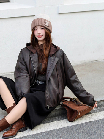 Ženska PU kožna jakna s kapuljom, kratka silueta, opušten stil, prednji zip, casual stil