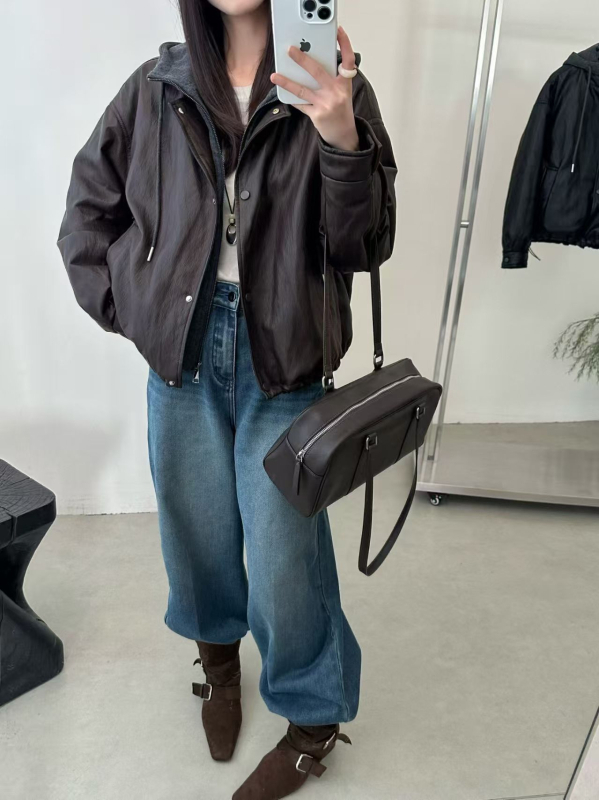Jakna od umjetne kože, japansko-korejski casual stil, srednje duljine, okrugli ovratnik, dugi rukavi