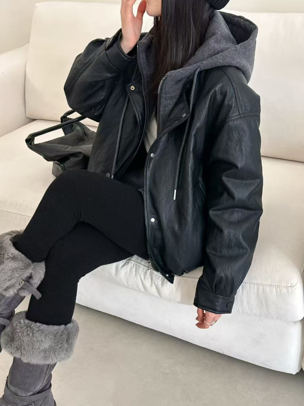 Jakna od umjetne kože, japansko-korejski casual stil, srednje duljine, okrugli ovratnik, dugi rukavi
