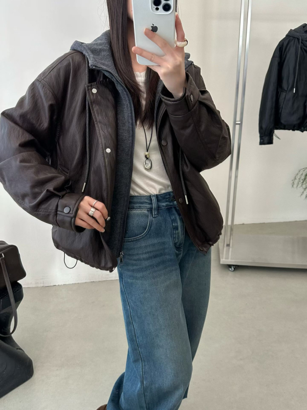 Jakna od umjetne kože, japansko-korejski casual stil, srednje duljine, okrugli ovratnik, dugi rukavi