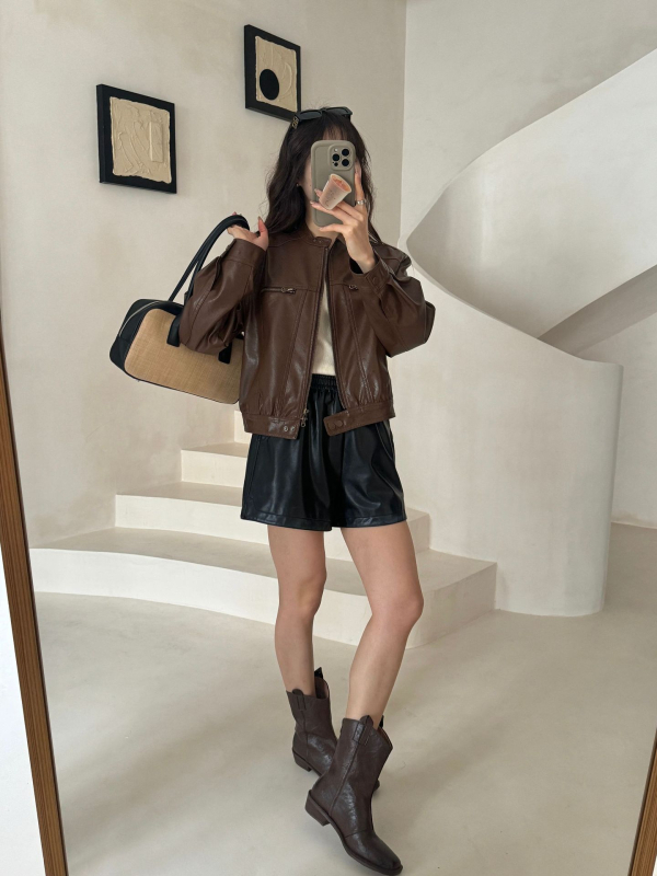 Ženska PU kožna jakna sa stojećim ovratnikom, zipom, dugim rukavima, retro stil