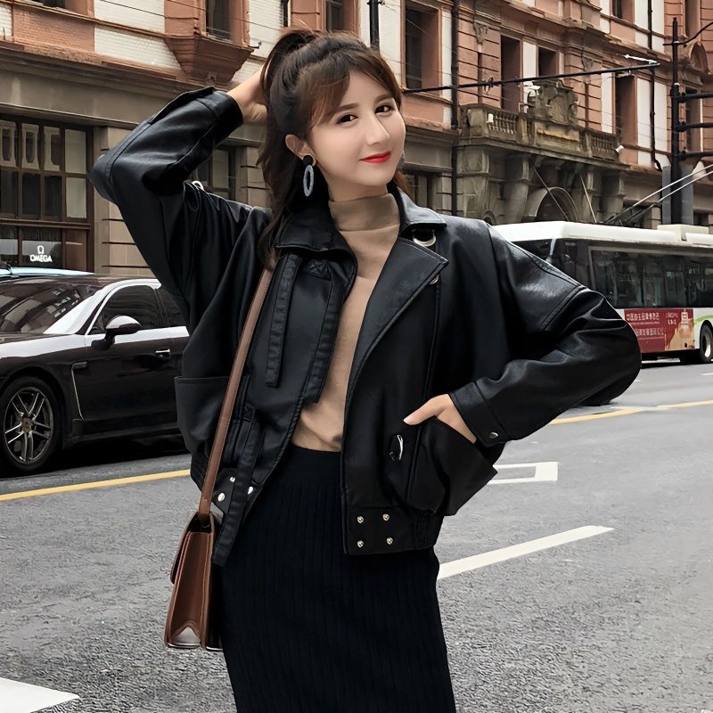 Ženska kožna jakna, japansko-korejski leisure stil, PU umjetna koža, polo ovratnik, labav kroj