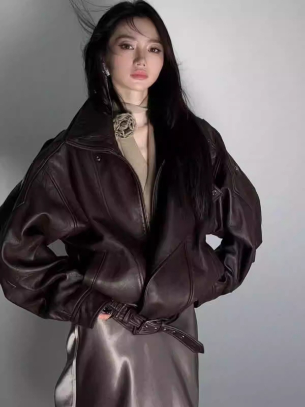Ženska PU kožna jakna, dvostruki ovratnik, zatvarač, punk gradski stil