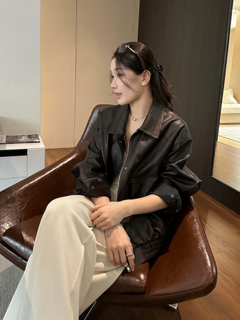 Kožna jakna/kabát, japansko-korejski casual stil, PU umjetna koža, opuštenog kroja, zatvarač