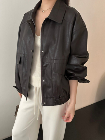 Kožna jakna/kabát, japansko-korejski casual stil, PU umjetna koža, opuštenog kroja, zatvarač