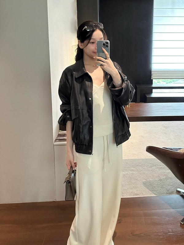 Kožna jakna/kabát, japansko-korejski casual stil, PU umjetna koža, opuštenog kroja, zatvarač