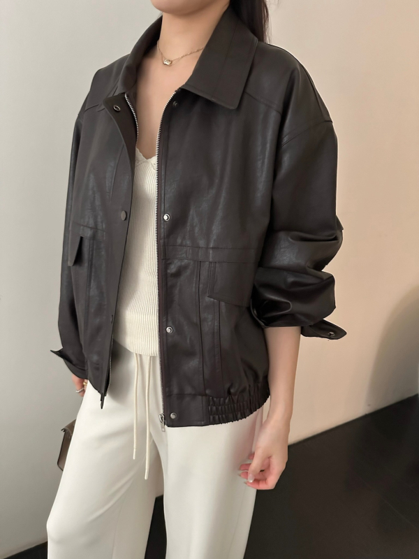 Kožna jakna/kabát, japansko-korejski casual stil, PU umjetna koža, opuštenog kroja, zatvarač