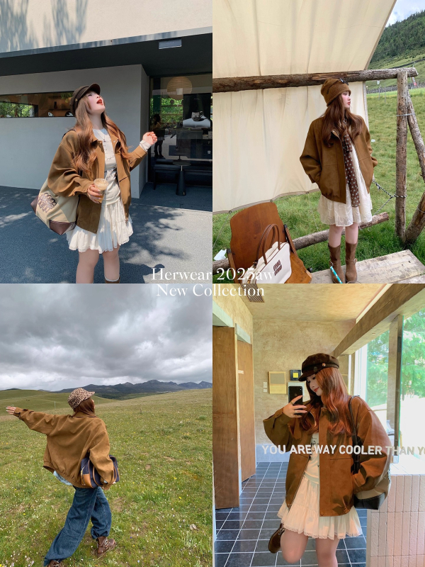 Ženska jakna od imitacijske kože od semiša s ovratnikom, zatvara se zipom, ulični stil