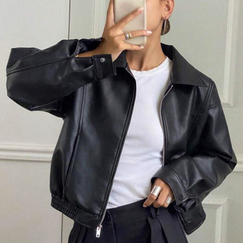 Ženska smeđa jakna od umjetne kože, street hipster stil, slobodan kroj, jedno dugme