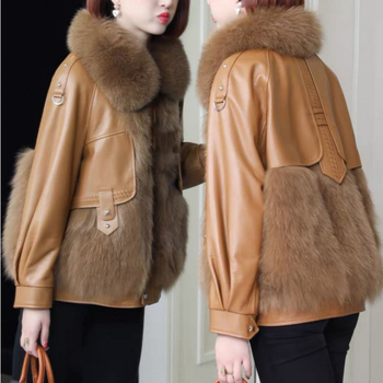 Női műbőr kabát műszőrme gallérral, japán-koreai casual stílus, hosszú ujjú, szabványos szabás