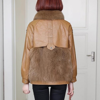 Női műbőr kabát műszőrme gallérral, japán-koreai casual stílus, hosszú ujjú, szabványos szabás