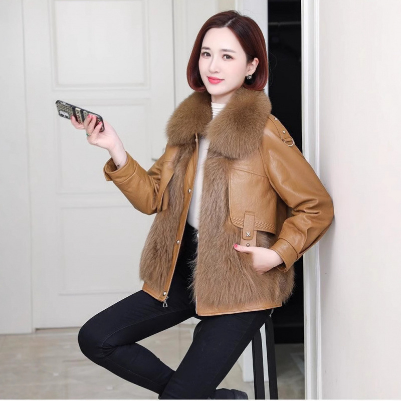 Női műbőr kabát műszőrme gallérral, japán-koreai casual stílus, hosszú ujjú, szabványos szabás