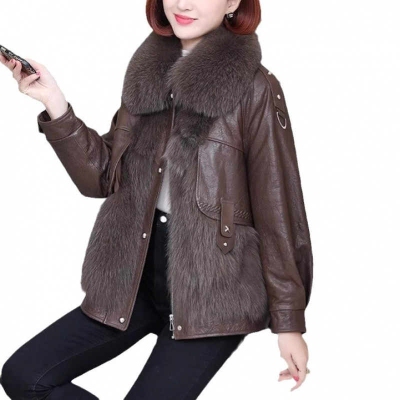 Női műbőr kabát műszőrme gallérral, japán-koreai casual stílus, hosszú ujjú, szabványos szabás