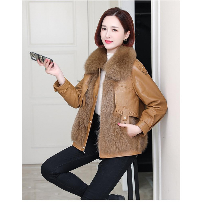 Női műbőr kabát műszőrme gallérral, japán-koreai casual stílus, hosszú ujjú, szabványos szabás