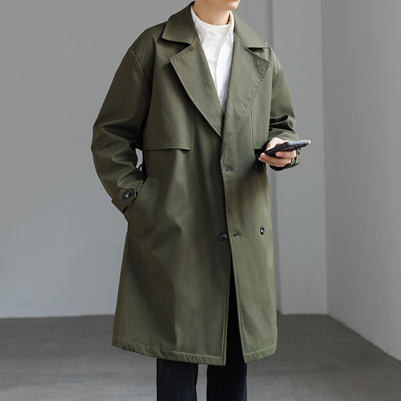 Ανδρικό παλτό μεσαίου μήκους, ύφασμα πολυεστερικό, διπλής σειράς κουμπώματα, φαρδιά γραμμή