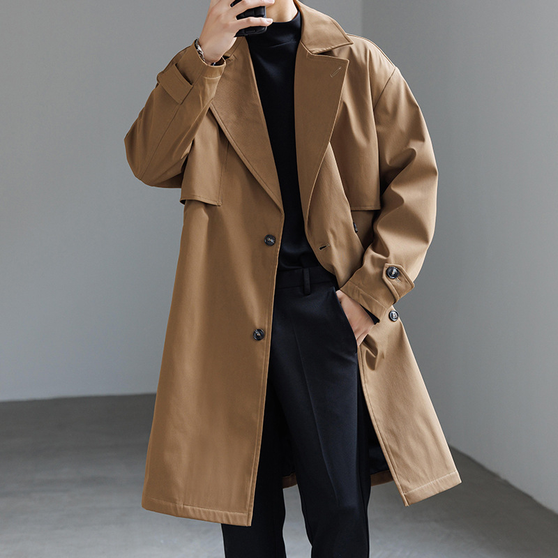 Ανδρικό παλτό μεσαίου μήκους, ύφασμα πολυεστερικό, διπλής σειράς κουμπώματα, φαρδιά γραμμή