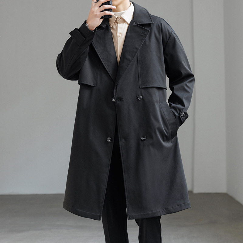 Ανδρικό παλτό μεσαίου μήκους, ύφασμα πολυεστερικό, διπλής σειράς κουμπώματα, φαρδιά γραμμή