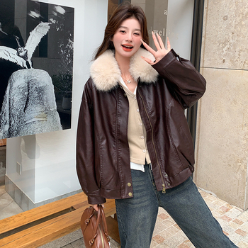 Ženska PU kožna jakna s flis podstavom, zgušnjen dizajn, kratka silueta, dugi rukavi