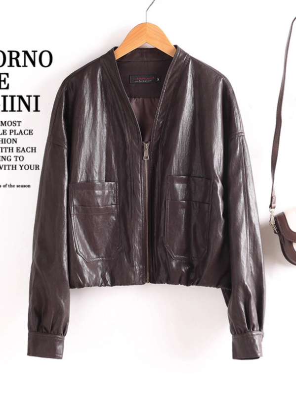 Ženska kožna jakna, korejski casual stil, rever ovratnik, zatvarač, PU koža