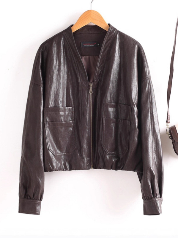 Ženska kožna jakna, korejski casual stil, rever ovratnik, zatvarač, PU koža