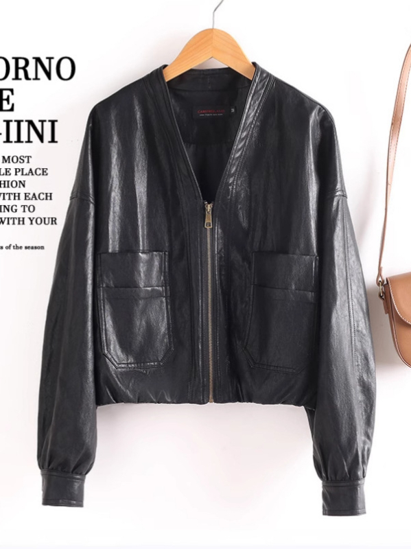 Ženska kožna jakna, korejski casual stil, rever ovratnik, zatvarač, PU koža